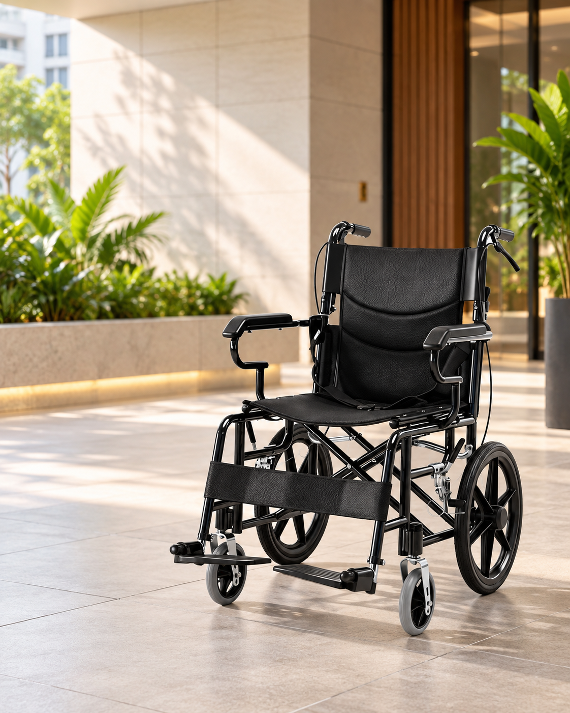 ROVI CORE wheelchair in a bright modern Singapore residential lobby